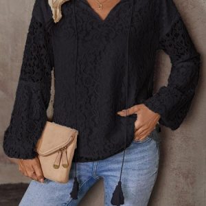 Women's Long Sleeve Blouse Spring/Fall Plain Lace V Neck Daily Going Out Casual Top, JustFashionNow Shirts & Blouses, color:Black|size:XL,