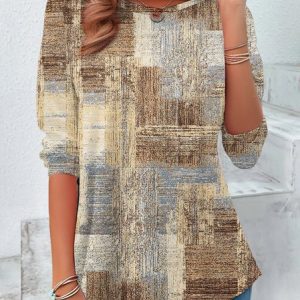 Geometric Contrast Round Neck Casual T-Shirt, Long sleeves, Lilicloth.com