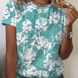 Women's Short Sleeve Tee T-shirt Summer Floral Jersey Crew Neck Daily Going Out Vintage Top, JustFashionNow Tops, color:Green|size:XXL,