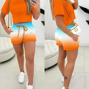 O-neck Top & Ombre Pocket Design Drawstring Shorts Set, Two-piece Sets, ChicMe catalog