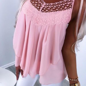 Floral Pattern Lace Patch Ruched Scallop Trim Cami Top, women Tanks & Crop Tops, ChicMe catalog