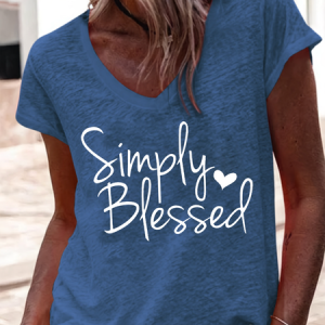 Simply Blessed Faith Text Letters Casual V Neck T-Shirt, T-shirts, Lilicloth.com