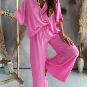 Women's Plain Daily Going Out Two Piece Set Half Sleeve Casual Summer Top With Pants Matching Set, JustFashionNow Suit Set, color:Pink|size:3XL,