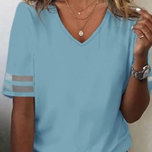 Loose V Neck Casual T-Shirt, JustFashionNow T-Shirts, color:Blue|size:XXL,