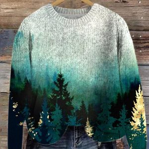 Landscape Painting Knitted Crew Neck Casual Sweater, Sweaters, Lilicloth.com