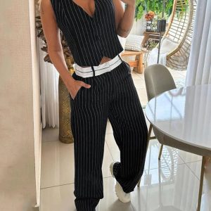 Striped Buttoned Vest Top & Pocket Design Pants Set, Two-piece Sets, ChicMe catalog