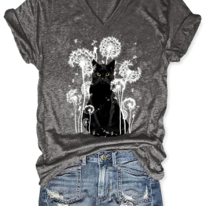 V-neck Retro Cat & Dandelion Print T-Shirt, T-shirts, Lilicloth.com
