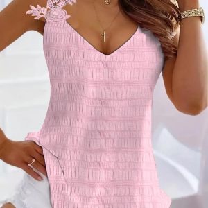 Lace Patch V-Neck Textured Casual Tank Top, women Tanks & Crop Tops, ChicMe catalog