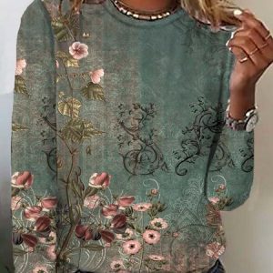 Casual Crew Neck Floral T-Shirt, JustFashionNow T-Shirts, color:Green|size:XXL,