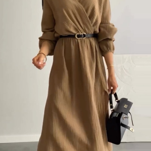 Women's Long Sleeve Spring/Fall Plain Dress V Neck Daily Going Out Casual Midi H-Line, JustFashionNow Dresses, color:Khaki|size:5XL,