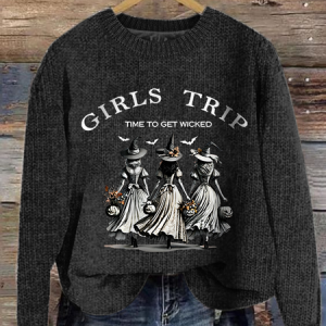 Women's Funny Halloween Witch Girls Trip Time To Get Wicked Knitted Casual Loose Sweater, Sweaters, Lilicloth.com