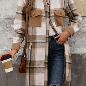 Women's Spring/Fall Outerwear Casual Buckle Plaid Long Sleeve Shirt Collar Jacket, JustFashionNow Jackets, color:Coffee|size:XL,