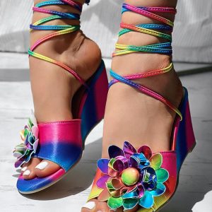 Rainbow Ombre Floral Pattern Strappy Wedge Sandals, women Wedges Shoes, ChicMe catalog