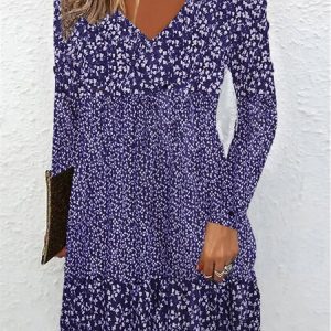 Women's Long Sleeve Spring/Fall Ditsy Floral Knitted Dress V Neck Daily Going Out Casual Midi A-Line T-Shirt Dress, JustFashionNow Dresses, color:Blue|size:3XL,