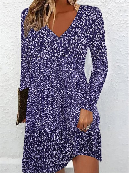 Women's Long Sleeve Spring/Fall Ditsy Floral Knitted Dress V Neck Daily Going Out Casual Midi A-Line T-Shirt Dress, JustFashionNow Dresses, color:Blue|size:3XL,