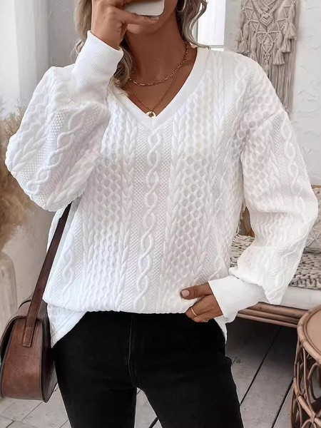 Women's V Neck Plain Casual Spring/Fall Long Sleeve Sweatshirt, JustFashionNow Sweatshirts & Hoodies, color:White|size:XXL,