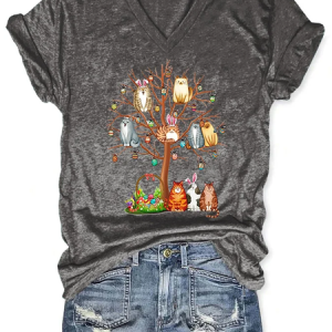 Women's Cat Short Sleeve Tee T-shirt V Neck Casual Summer Top, JustFashionNow T-Shirts, color:Deep Gray|size:3XL,