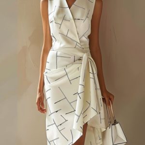 Women's Sleeveless Summer Geometric Asymmetric Dress V Neck Holiday Going Out Urban Knee Length H-Line, JustFashionNow Dresses, color:White|size:XXL,