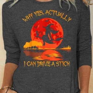 Women's Yes Actually I Can Drive A Stick Halloween Long Sleeve Top, Long sleeves, Lilicloth.com