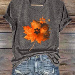 Maple Leaf Dog Paw Print Text Letters Casual Loose V Neck T-Shirt, T-shirts, Lilicloth.com