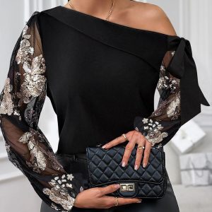 Sequin Floral Pattern Skew Neck Sheer Mesh Patch Blouse Top, Blouses & Shirts, ChicMe catalog