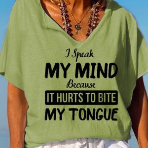 Womens Funny I Speak My Mind Because It Hurts To Bite My Tongue Casual Letter Short Sleeve T-Shirt, T-shirts, Lilicloth.com
