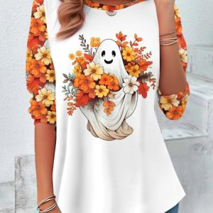 Halloween Floral Design Casual T-Shirt, Long sleeves, Lilicloth.com
