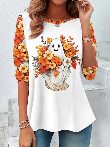 Halloween Floral Design Casual T-Shirt, Long sleeves, Lilicloth.com