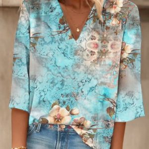 Women's Three Quarter Sleeve Tee T-shirt Spring/Fall Floral V Neck Daily Going Out Casual Top Blue, JustFashionNow T-Shirts, color:Blue|size:XXL,