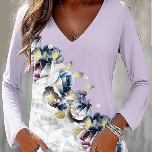 Women's Long Sleeve Tee T-shirt Spring/Fall Floral Jersey V Neck Daily Going Out Casual Top, JustFashionNow T-Shirts, color:lavender|size:XXL,