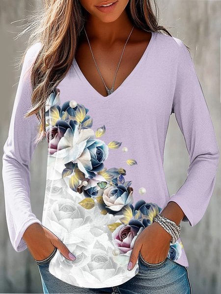Women's Long Sleeve Tee T-shirt Spring/Fall Floral Jersey V Neck Daily Going Out Casual Top, JustFashionNow T-Shirts, color:lavender|size:XXL,