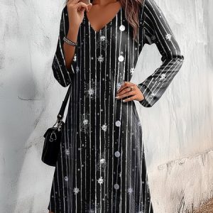 Women's Long Sleeve Summer Striped Jersey Dress V Neck Daily Going Out Casual Midi A-Line TUNIC, JustFashionNow Dresses, color:Black|size:XXL,