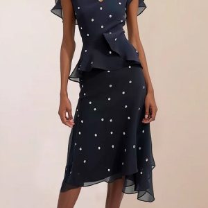 Women's Short Sleeve Summer Polka Dots Peplum Dress V Neck Date Going Out Urban Midi X-Line Ruffle Skirt, JustFashionNow Dresses, color:Dark Blue|size:XXL,