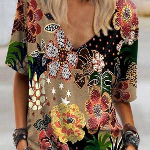 Women's Short Sleeve Tee T-shirt Summer Floral Jersey V Neck Daily Going Out Casual Top Black, JustFashionNow T-Shirts, color:Black|size:XXL,