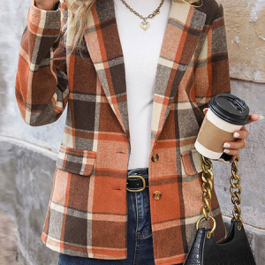Women's Spring/Fall Outerwear Casual Plaid Long Sleeve Lapel Collar Regular Blazer, JustFashionNow Blazers, color:Light Coffee|size:XL,
