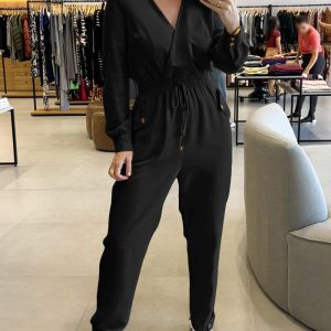 Lapel V-neck Collar Shirred Drawstring Waist Jumpsuit, women Jumpsuits, ChicMe catalog