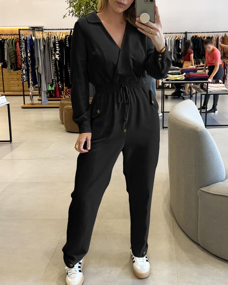 Turn-down Collar Overlap V-Neck Drawstring Stretchy Waist Jumpsuit Casual Flap Pockets Design Jumpsuit, women Jumpsuits, ChicMe catalog - Image 3