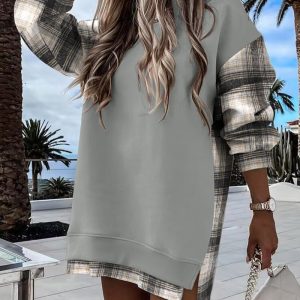 Colorblock Plaid Print Spliced Long Sleeve Drop Shoulder Sweatshirt Casual Side Slit Top, women Sweats & Hoodies, ChicMe catalog