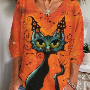 Women's Long Sleeve Tee T-shirt Spring/Fall Cat Printing Jersey V Neck Holiday Going Out Vintage Top, JustFashionNow T-Shirts, color:Orange|size:XXL,