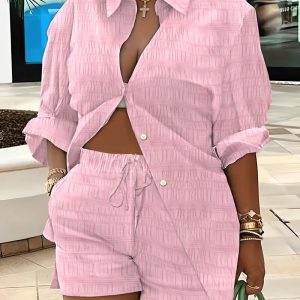 Textured Shirt & Drawstring Shorts Set, Two-piece Sets, ChicMe catalog