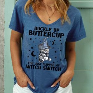 Women Buckle Up Witch Switch Black Cat Star Moon Halloween V Neck T-Shirt, T-shirts, Lilicloth.com
