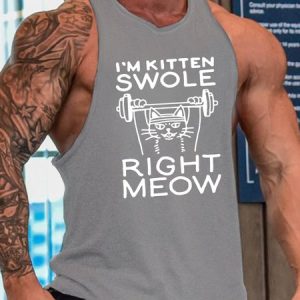 Funny I'm Kitten Swole Right Meow Casual Crew Neck Knit, Tank Tops, Lilicloth.com