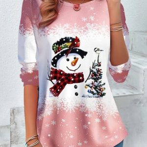 Women's Long Sleeve Tee T-shirt Spring/Fall Christmas Snowman Printing Jersey Crew Neck Holiday Going Out Vintage Top, JustFashionNow T-Shirts, color:Pink|size:XXL,