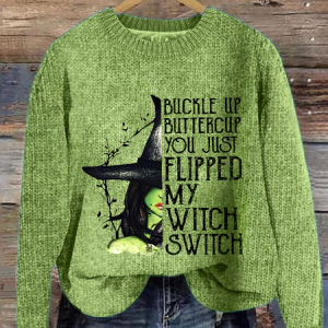 Women's Halloween Buckle Up Buttercup You Just Flipped My Witch Switch Print 3D Printing Knitted Sweater, Sweaters, Lilicloth.com