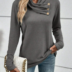 Women's Long Sleeve Blouse Spring/Fall Plain Buckle Knitted Cross Neck Daily Going Out Casual Top, JustFashionNow Shirts & Blouses, color:Deep Gray|size:L,