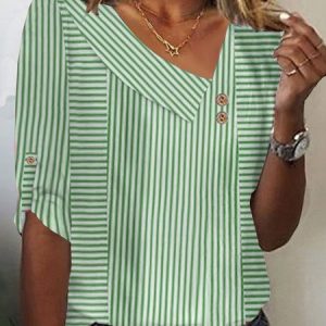 Women's Three Quarter Sleeve Tee T-shirt Spring/Fall Striped Buckle Knitted Asymmetrical Daily Going Out Casual Top Red, JustFashionNow T-Shirts, color:Green|size:XXL,