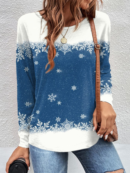 Women's Long Sleeve Tee T-shirt Spring/Fall Snowflake Jersey Crew Neck Daily Going Out Casual Top, JustFashionNow T-Shirts, color:Blue|size:XXL,