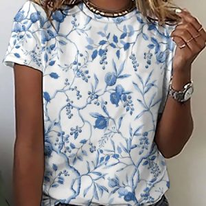 Floral Loosen Crew Neck Short Sleeve T-Shirt, T-shirts, Lilicloth.com