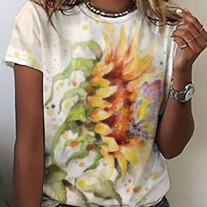 Casual Sunflower Print Crew Neck T-Shirt, T-shirts, Lilicloth.com