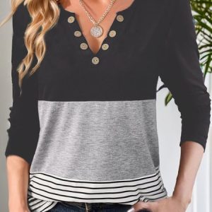 Women's Long Sleeve Tee T-shirt Spring/Fall Striped Buckle Knitted V Neck Daily Going Out Casual Top, JustFashionNow T-Shirts, color:Gray|size:XXL,